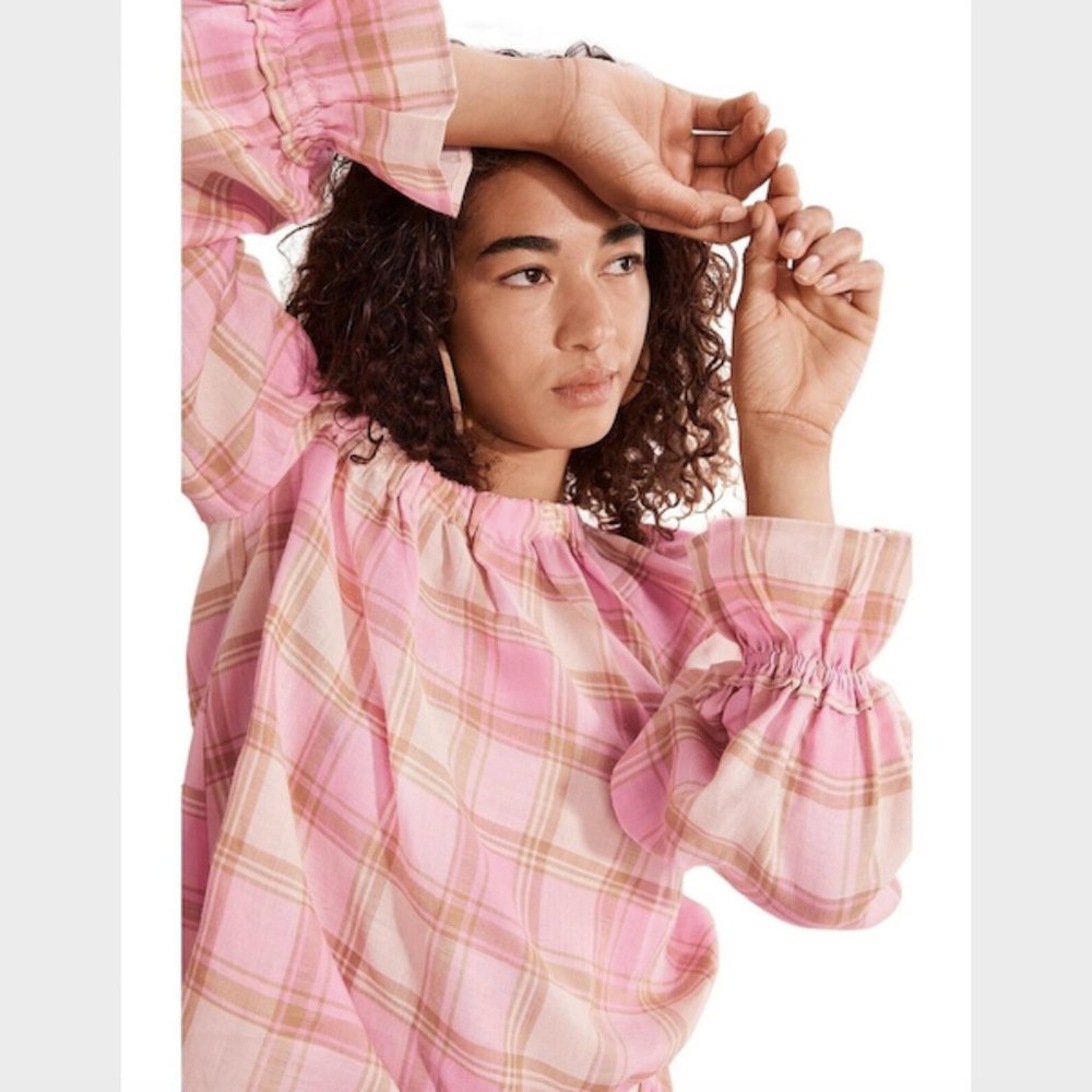 Country Road Pink Check Print Ramie Blouse Top Size 8 Asymmetric Textured Womens - Picture 1 of 13